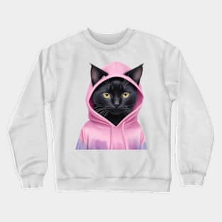 Black cat wearing pink hoodies Crewneck Sweatshirt